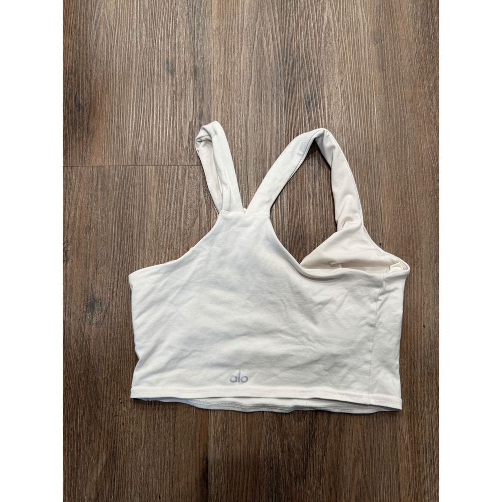 Alo Yoga Womens Asymmetrical Double Strap V-Neck Cropped Tank Top Bone White M